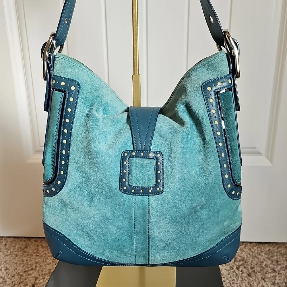 Coach 2006 Hamptons Suede Hobo Bag Teal Blue with Silver Hardware